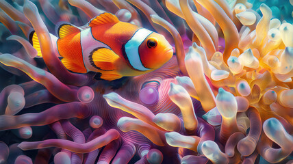 An underwater close-up of a colorful clownfish nestled among the tentacles of a sea anemone, showcasing their symbiotic relationship and stunning colors