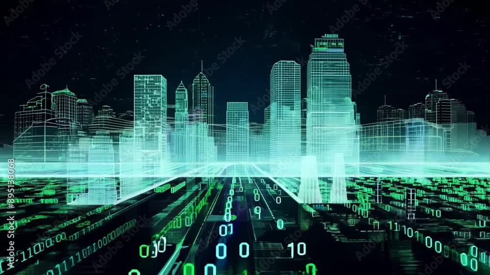 Poster A digital cityscape is rendered with glowing green lines on a black background. Binary code appears below the city, representing the digital nature of the scene.