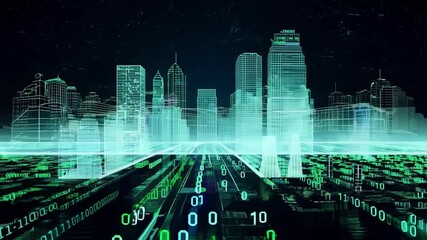 A digital cityscape is rendered with glowing green lines on a black background. Binary code appears below the city, representing the digital nature of the scene. - Powered by Adobe
