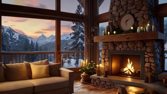 4K video rendering of cozy living room on sunny winter day in the mountains, luxury interior of chalet decorated with candles, fireplace fills the room with warmth. It's snowing outside the window