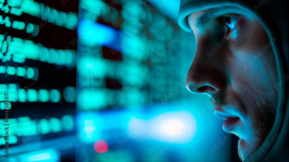 Aufkleber hacker in a dimly lit room, multiple computer screens with code, face partially covered, digital cri