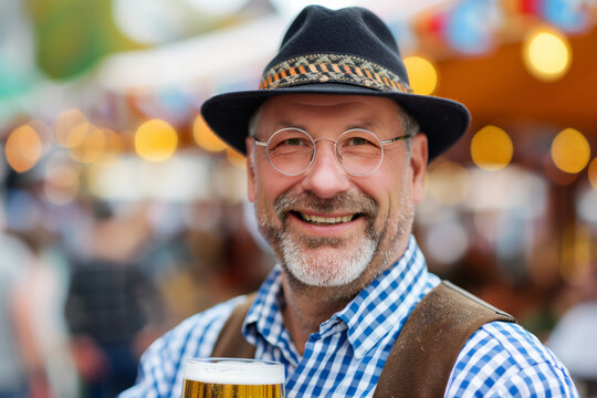 Happy german man in traditional Bavarian costume at Octoberfest 