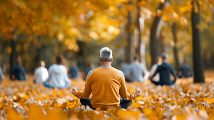 Inclusive yoga class in a park during fall, participants of all abilities, colorful leaves, and peaceful environment 