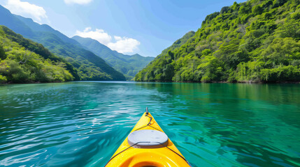 Obraz premium Kayaking adventure on a pristine river, eco-conscious travelers respecting nature, clear waters, and lush surroundings 