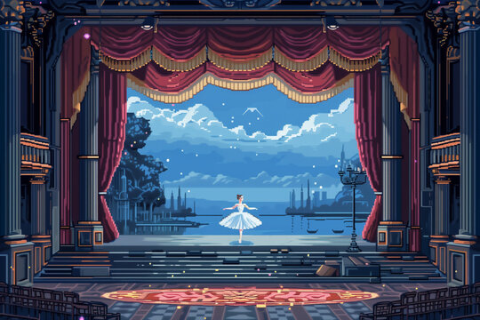 A ballerina in a white tutu dancing on stage with lake scenery in the background. Pixel art 8-bit computer game fantasy illustration.