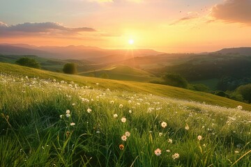 Sunset Over Field of Flowers