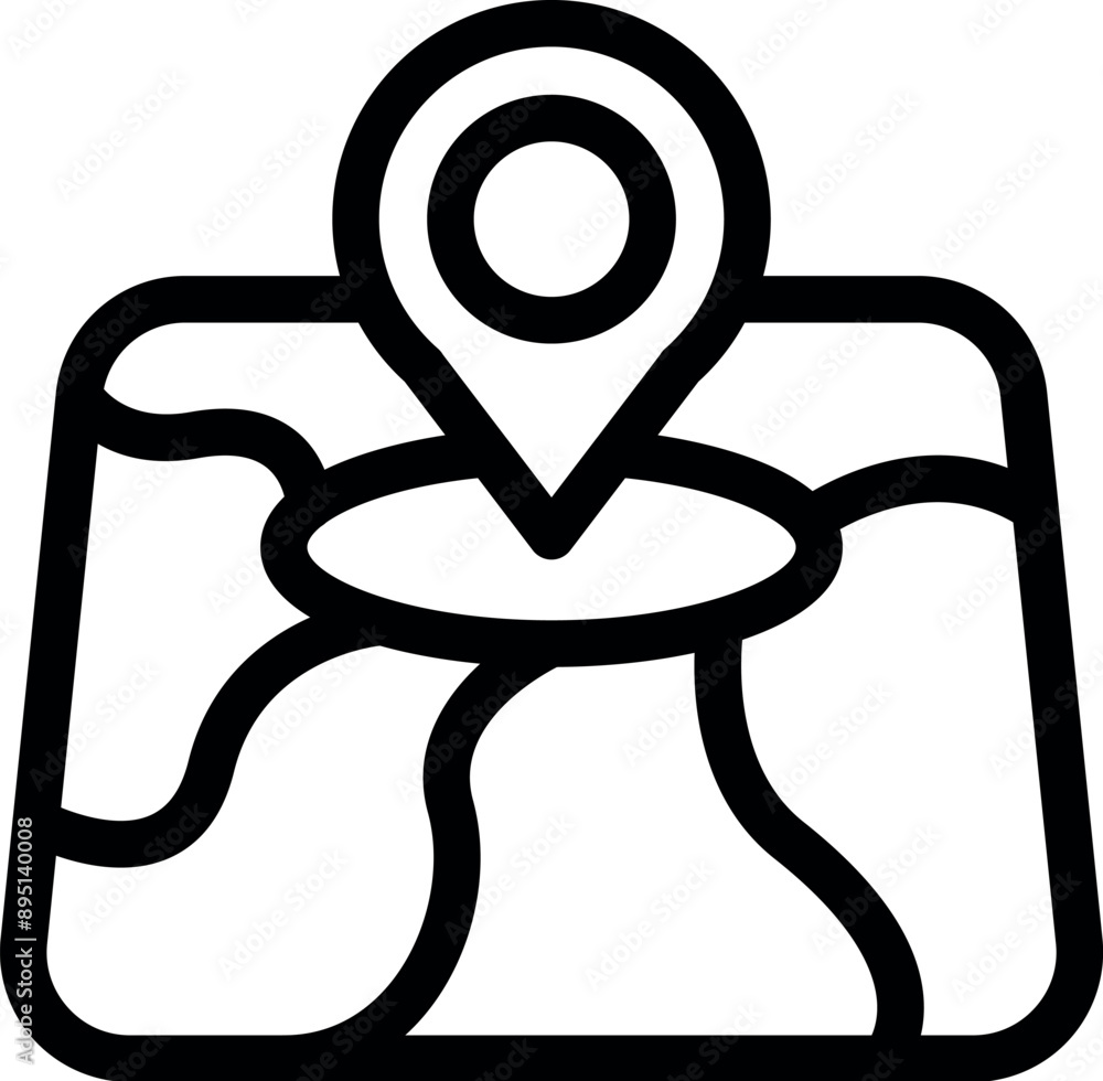 Poster line art icon of a location pin pointing a place on a simple map