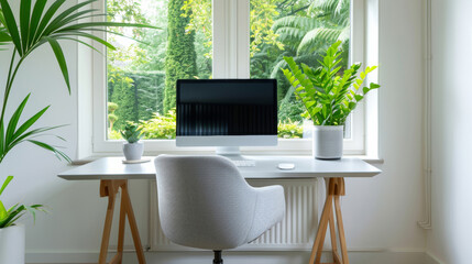 Modern home office with a sleek desk, ergonomic chair, dual monitors, minimalist decor, large window with garden view 