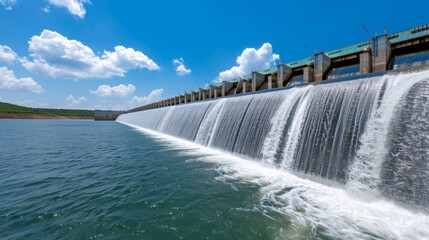 Modern hydroelectric dam with turbines visible, water gushing out, technical infrastructure, bright sunny day 