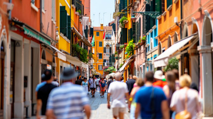Narrow street in a historic city filled with tourists, shops on either side, colorful buildings, people taking photos 
