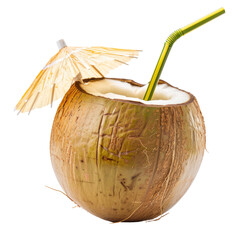 A refreshing coconut drink with a straw and umbrella, isolated on transparent or white background.