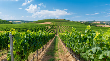 Picturesque vineyard in Portugal with rows of Vinho Verde grapevines, lush green landscape, and blue sky 