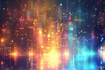 Futuristic New Year cityscape with vibrant colorful lights and festive atmosphere