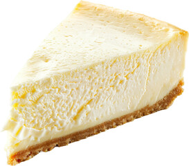 A slice of creamy, delicious cheesecake with a golden crust, isolated on a white or transparent...