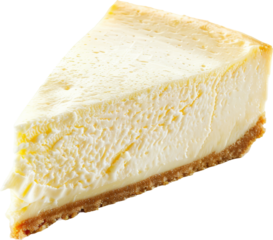 A slice of creamy, delicious cheesecake with a golden crust, isolated on a white or transparent background