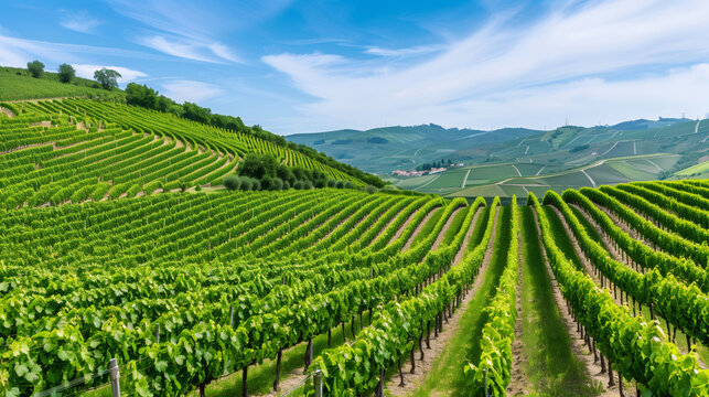 Picturesque vineyard in Portugal with rows of Vinho Verde grapevines, lush green landscape, and blue sky 