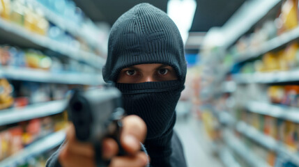 Robbery in a convenience store, masked robber threatening cashier, dramatic and tense moment 