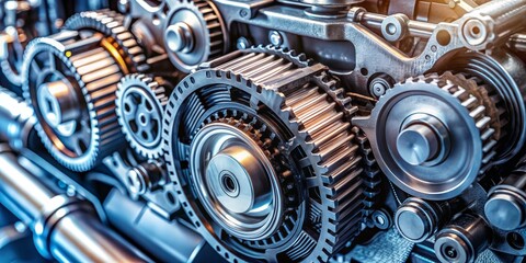 Close-up of a Shiny Metal Gear System, Automotive Engine, Machine Parts, Gears, Mechanism, Technology