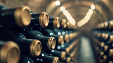 Rows of Riesling wine bottles aging in a cellar, dim lighting, and a cool, controlled environment 