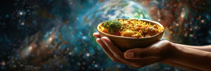 World Hunger day. Hands holding a plate of food against the background of the globe. Horizontal banner. Free space for text. Promoting Global Food Security, Fighting Hunger, food availability