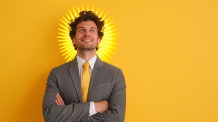 Saint politician posing for a campaign poster, radiant halo, kind smile, heavenly background with light beams, empty text space 