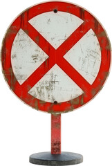 A weathered red and white round road sign with a large X across it, mounted on a red and black pole.