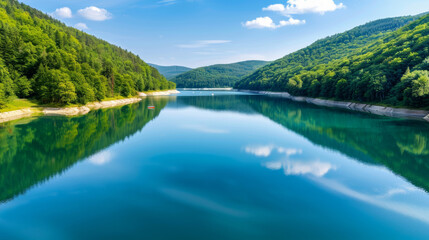Fototapeta premium Scenic lake formed by a dam, calm waters reflecting the sky, forested hills around, a few boats on the water 