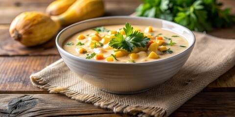 Creamy Corn Chowder with Parsley Garnish in White Bowl on Rustic Wooden Table, soup , corn , chowder , parsley