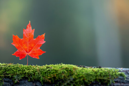 Single fiery red sugar maple leaf symbolic of New Englands autumn rests on ancient mossy log providing a unique mockup opportunity 