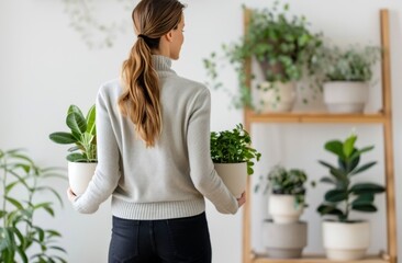 Woman Holding Plant in White Pot