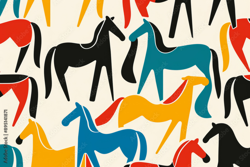 Poster some simple retro color horses, linear drawing of shapes, tiled, seamless design