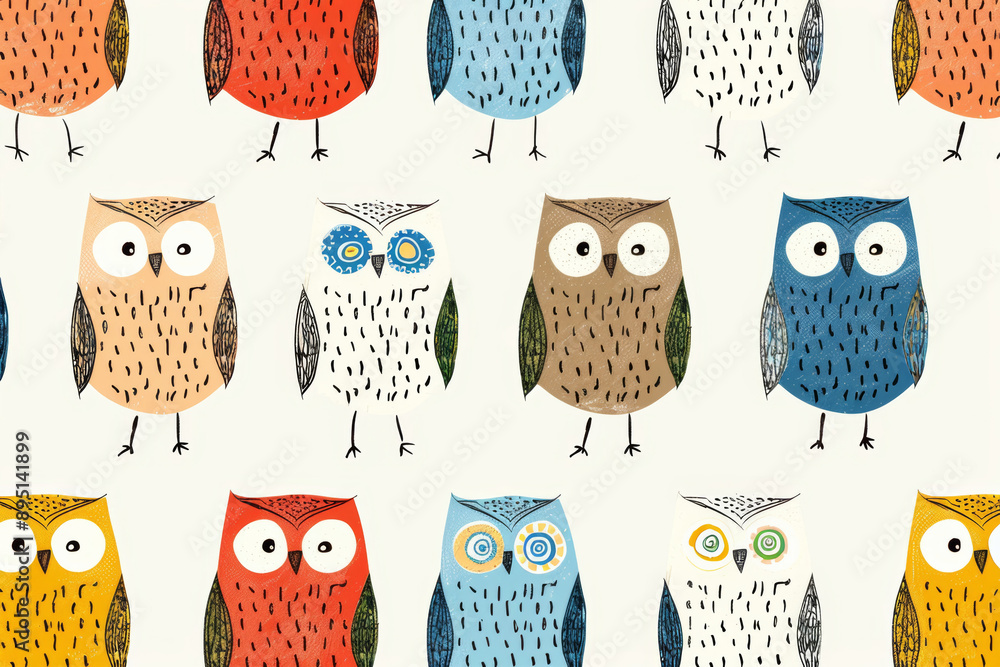 Poster some simple retro color owls, linear drawing of shapes, tiled, seamless design