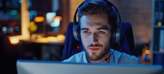 Happy young male customer support executive working in an office