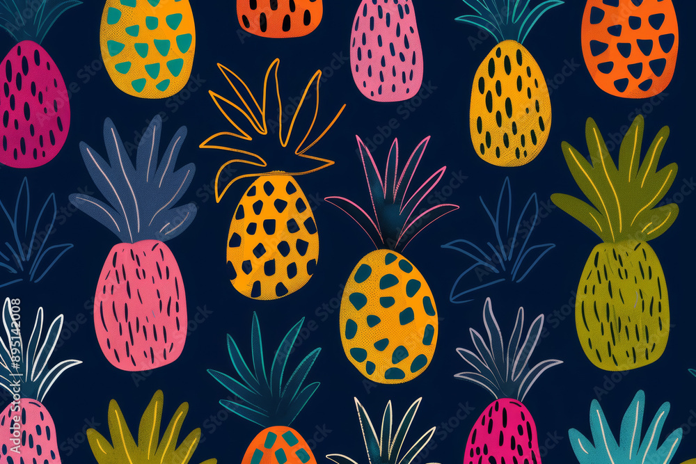 Poster some simple retro color pineapples, linear drawing of shapes, tiled, seamless design