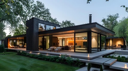 Fototapeta premium Modern Black House With Large Windows and Deck