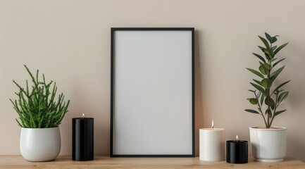 Black Frame and Candles on Shelf