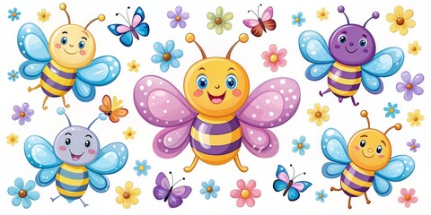 Obraz premium Happy Bee Butterflies in a Garden, bee , butterfly, flowers, cartoon , cute