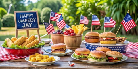 Happy UMEEDY JAY's 4th of July Picnic Burgers, Corn, and American Flags, 4th of July, american flag, picnic, food