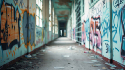 Fototapeta premium Vandalized graffiti-covered wall, broken windows, and a sense of urban decay, highlighting crime and disorder 