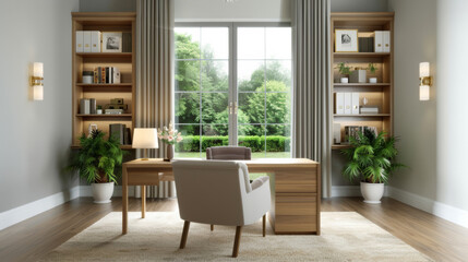 Fototapeta premium Warm and cozy home office with a wooden desk, plush chair, soft lighting, bookshelves, and a window view of a garden 
