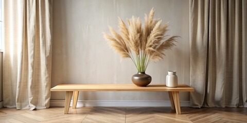 Minimalist Interior Design with Pampas Grass, Wooden Bench, and Cream Curtains, Interior Design, Minimalist Design, Home Decor, Pampas Grass