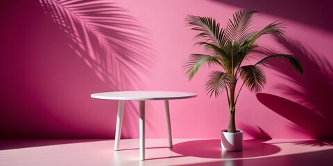 Obraz premium Minimalist Table with Palm Tree on Pink Wall, White Table, Palm Tree, Pink Wall, Minimalism