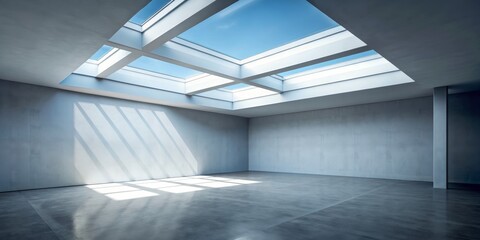 Fototapeta premium Modern Concrete Room with Skylight and Shadow Patterns, Skylight, Concrete, Interior, Architecture, Design