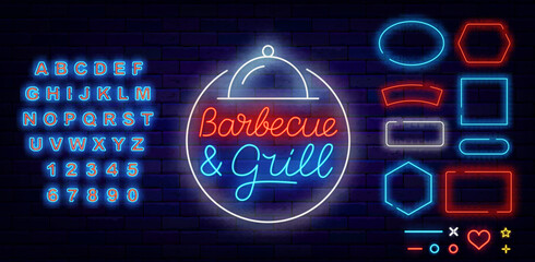 Barbecue and grill neon label. Party invitation. Glowing blue alphabet. Restaurant plate symbol. Vector illustration