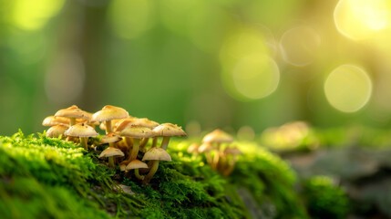 Obraz premium Wild mushrooms growing on a fallen log, moss-covered, soft sunlight, serene forest atmosphere 