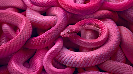 Fototapeta premium Vibrant Pink Snakes Coiled in a Mesmerizing Pattern, Close Up. Glossy Reptile Scales Texture, Poisonous Elegance, Captivating Beauty. Exotic Tropical Animal, Vivid Colours. Glamour, Fashion, Macro