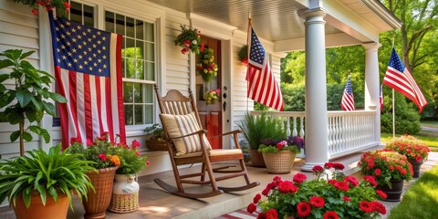 Patriotic Porch Rocking Chair, American Flag, Porch Decor, Flowers, Rocking Chair, patriotic, 4th of july