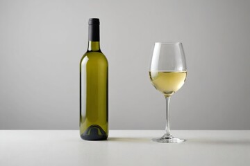 Unlabelled bottled of white wine with half empty wineglass standing on a white table against a neutral wall with copyspace