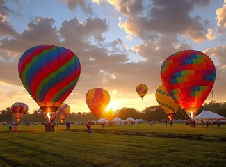 Fototapeta premium Hot Air Balloons at Sunset Over Field