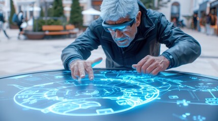 Elderly man using futuristic augmented reality technology on a digital interface screen, outdoors in a modern urban setting.